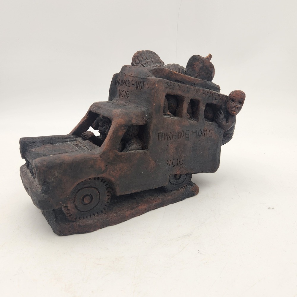 African Folk Art Terracotta Clay Matatu Bus Sculpture Nairobi-Voi Take Me Home